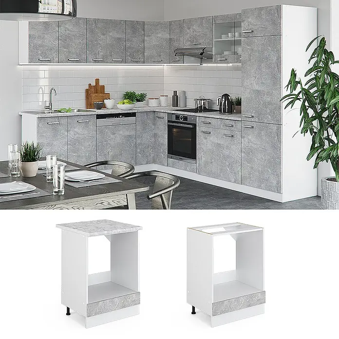 Vicco Schrankküche R-Line Beton, AP Eiche - Beton, Herdumbauschrank 60 cm, AP Eiche - Moderne Küche mit grauen Betonoptik-Unterschränken für Backofen/Kochfeld, in weiße Schränke integriert. Modulare Einheiten mit Betonoptik-Sockeln dargestellt.