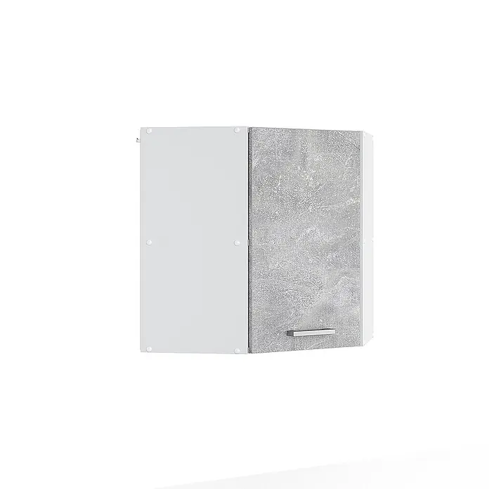 Vicco Schrankküche R-Line Beton - Beton, Eckhängeschrank 57 cm - Moderner Eck-Hängeschrank mit weißer Tür und einer grauen Betonoptik-Tür mit silbernem Griff.