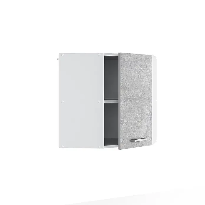 Vicco Schrankküche R-Line Beton - Beton, Eckhängeschrank 57 cm - Wandschrank mit offenen weißen und betongrauen Türen, zwei Einlegeböden sichtbar.