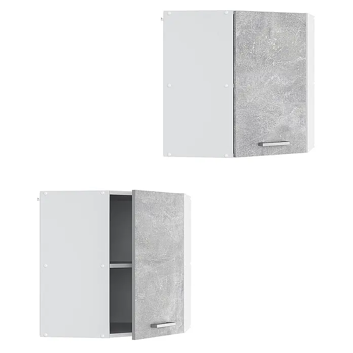 Vicco Schrankküche R-Line Beton - Beton, Eckhängeschrank 57 cm - Zweifarbiges Eck-Hängeschrank mit weißen und grauen Betonoptik-Türen, eine zeigt Innenregale.