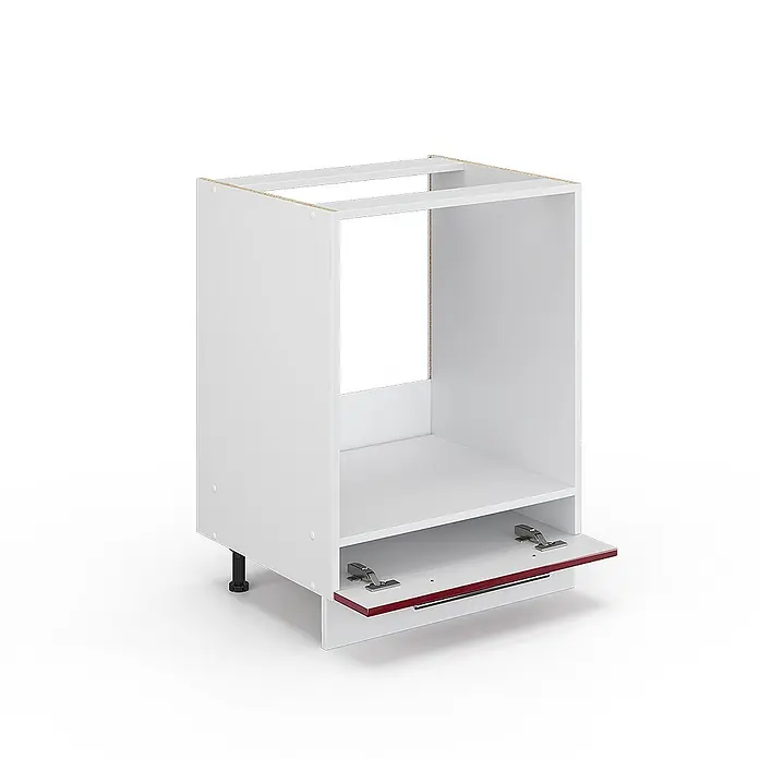 Vicco Schrankküche Fame-Line Bordeaux Hochglanz, AP Marmor - Bordeaux Hochglanz, Herdumbauschrank 60 cm, AP Marmor - Weißer Küchenunterschrank mit offenem Fach, Ablageboden und kippbarer Klappe mit roter Kante und Griff, auf verstellbaren schwarzen Füßen.