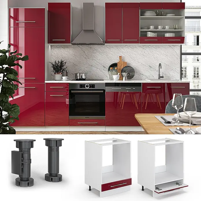 Vicco Schrankküche Fame-Line Bordeaux Hochglanz, AP Marmor - Bordeaux Hochglanz, Herdumbauschrank 60 cm, AP Marmor - Moderne Küche mit hochglänzenden roten Schränken und integrierten Geräten, die eine komplette Einrichtung zeigt.