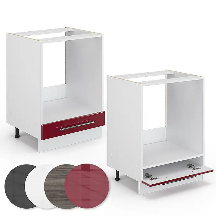 Vicco Schrankküche Fame-Line Bordeaux Hochglanz, AP Marmor - Bordeaux Hochglanz, Herdumbauschrank 60 cm, AP Marmor - Einbaugeräte-Unterschränke mit weißen Korpen, roter Schublade und Klappe, mit Farboptionen.