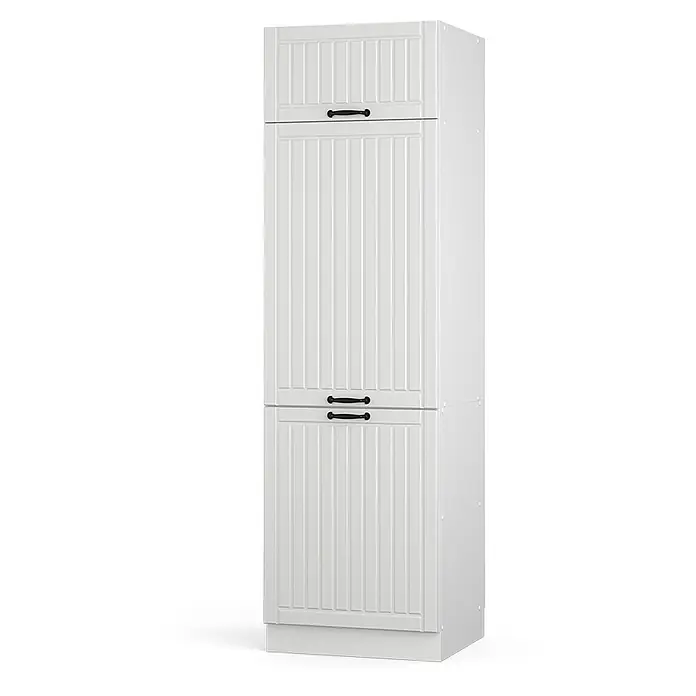 Vicco Schrankküche Fame-Line Weiß Landhaus - Weiß Landhaus, Kühlumbauschrank 60 cm - Hoher, weißer Küchenschrank mit vertikal gerillten Türen und schwarzen Griffen.