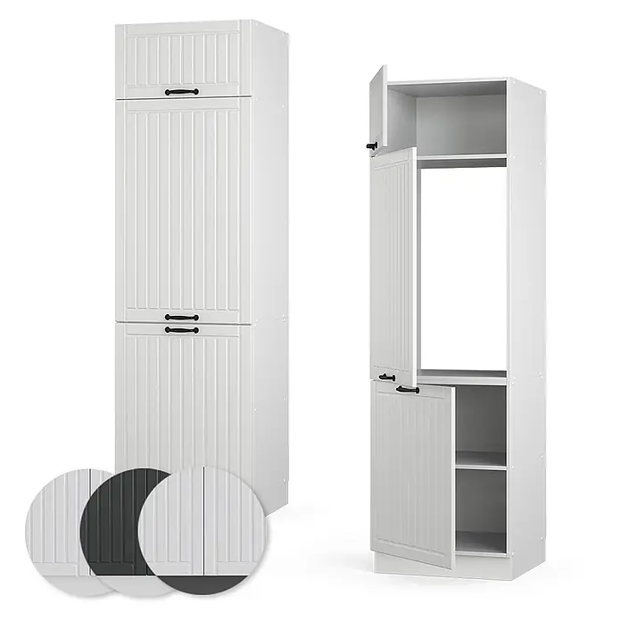 Vicco Schrankküche Fame-Line Weiß Landhaus - Weiß Landhaus, Kühlumbauschrank 60 cm - Hoher weißer Schrank mit gerillten Türen, eine geöffnet, zeigt Regale und Stauraum. Mit schwarzen Griffen.