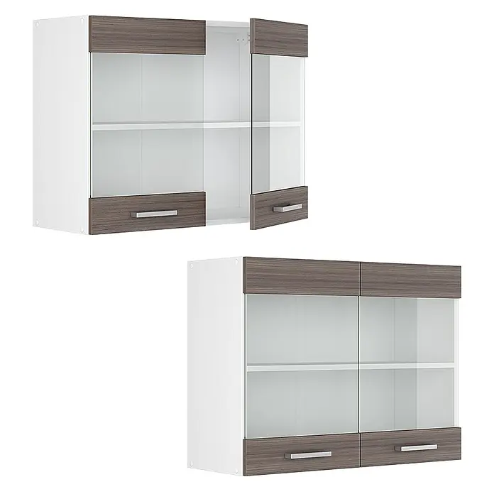 Vicco Schrankküche R-Line Edelgrau - Edelgrau, Hängeglasschrank 80 cm - Weißer und dunkelbrauner Küchenhängeschrank mit Glastüren, Einlegeböden und silbernen Griffen.