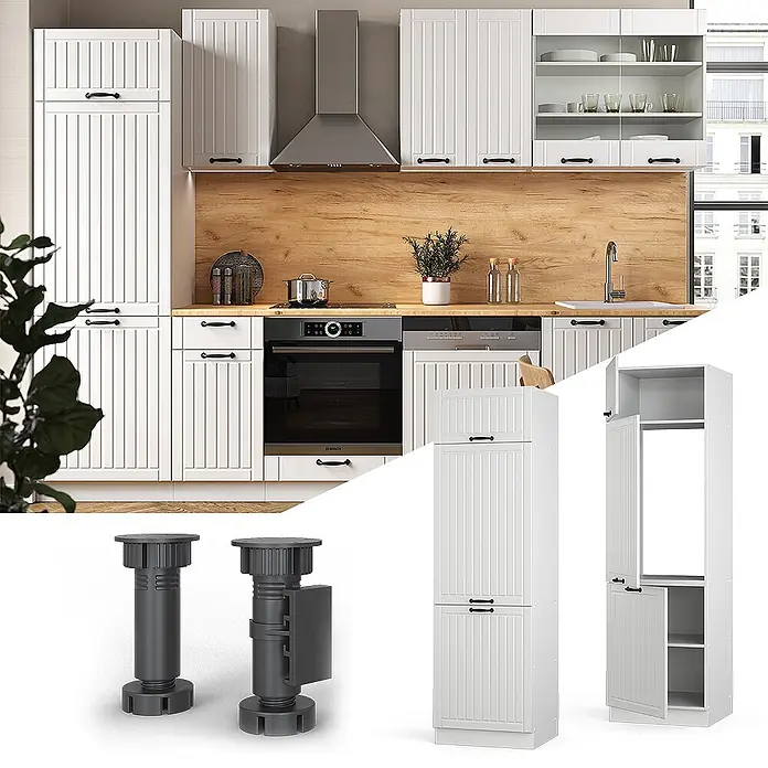 Vicco Schrankküche Fame-Line Weiß Landhaus - Weiß Landhaus, Kühlumbauschrank 60 cm - Weiße Küchenschränke mit Rillenfront und schwarzen Griffen in moderner Küche, dazu ein hoher Schrank und verstellbare Möbelfüße.