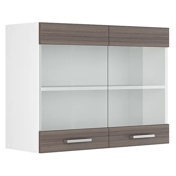 Vicco Schrankküche R-Line Edelgrau - Edelgrau, Hängeglasschrank 80 cm - Weißer Hängeschrank mit brauner Holzmaserung, zwei Glastüren und zwei unteren Schubladen mit silbernen Griffen.