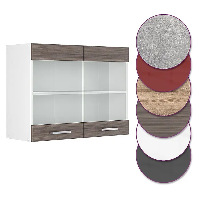Vicco Schrankküche R-Line Edelgrau - Edelgrau, Hängeglasschrank 80 cm - Hängeschrank mit weißem Korpus, grauer Holzoptik-Verkleidung, Glastüren und Schubladen. Farb-/Materialmuster sind abgebildet.