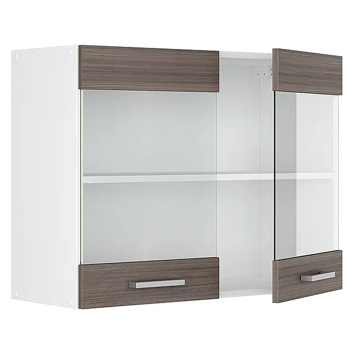 Vicco Schrankküche R-Line Edelgrau - Edelgrau, Hängeglasschrank 80 cm - Weißer Wandschrank mit zwei Türen, braunen Holzmaserungsfeldern, Klarglas und silbernen Griffen. Innen mit zwei Regalböden.