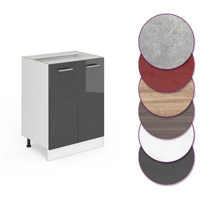 Vicco Schrankküche R-Line Anthrazit Hochglanz ohne Arbeitsplatte - Anthrazit Hochglanz, Unterschrank 60 cm - Zweitüriger Küchenunterschrank mit glänzenden grauen Türen und weißem Korpus, daneben Materialmuster.