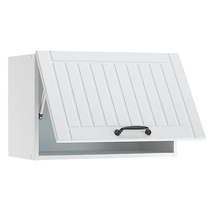 Vicco Schrankküche Fame-Line Weiß Landhaus Flach - Weiß Landhaus, Hängeschrank 60 cm (flach) - Weißer Wandschrank mit nach oben öffnender Tür, Gasfeder und schwarzem Griff.