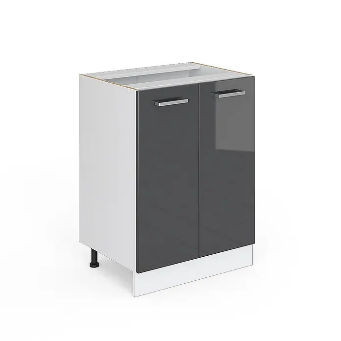 Vicco Schrankküche R-Line Anthrazit Hochglanz ohne Arbeitsplatte - Anthrazit Hochglanz, Unterschrank 60 cm - Weißer Küchenunterschrank mit zwei dunkelgrauen Hochglanztüren, silbernen Griffen und einem weißen Sockel.