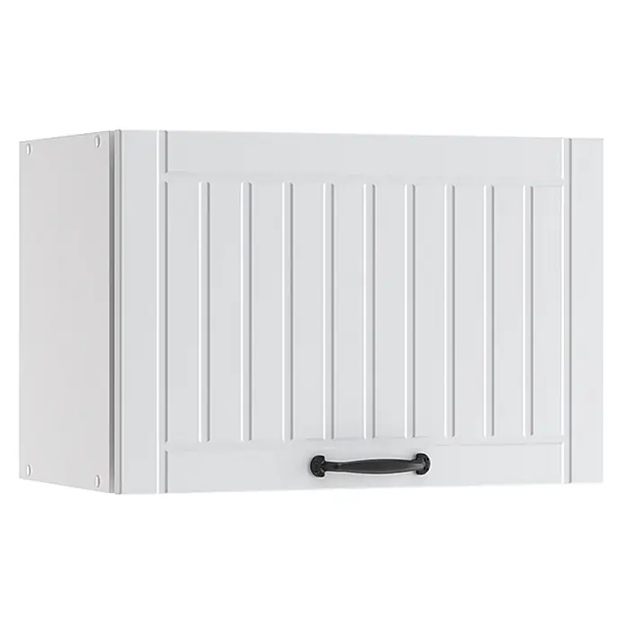 Vicco Schrankküche Fame-Line Weiß Landhaus Flach - Weiß Landhaus, Hängeschrank 60 cm (flach) - Weißer Küchenoberschrank mit vertikal gerillter, getäfelter Tür und schwarzem Griff.