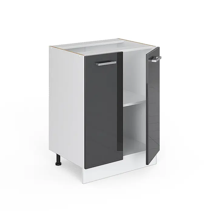 Vicco Schrankküche R-Line Anthrazit Hochglanz, AP Anthrazit - Anthrazit Hochglanz, Unterschrank 60 cm, AP Anthrazit - Weißer Küchenunterschrank mit zwei dunkelgrauen Hochglanztüren, eine leicht geöffnet mit Innenregal. Moderne silberne Griffe.