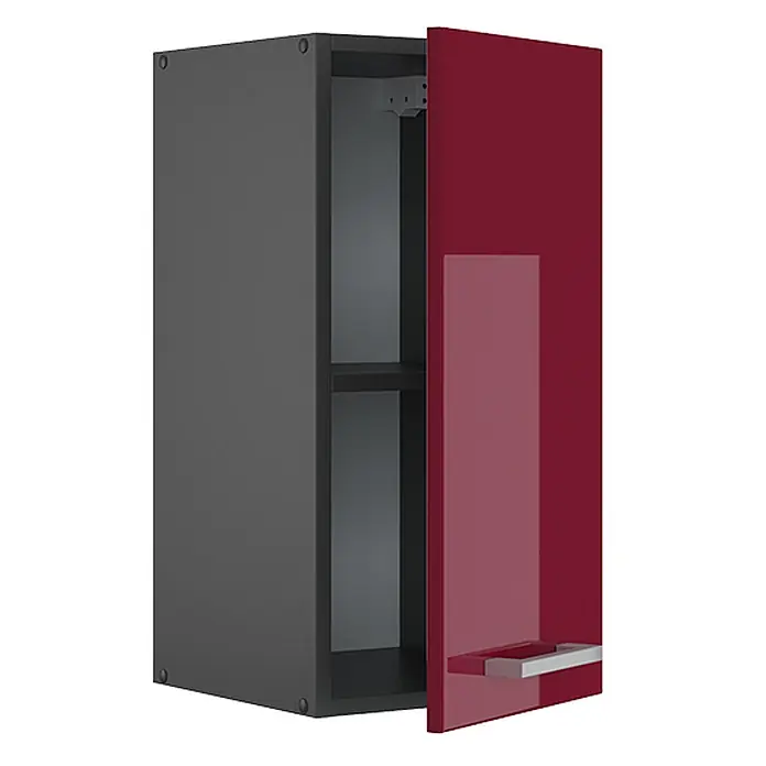 Vicco Schrankküche R-Line Rot Hochglanz - Rot Hochglanz, Hängeschrank 30 cm - Dunkelgrauer Hängeschrank mit glänzender dunkelroter Tür, leicht geöffnet, zeigt ein Regal und einen silbernen Griff.