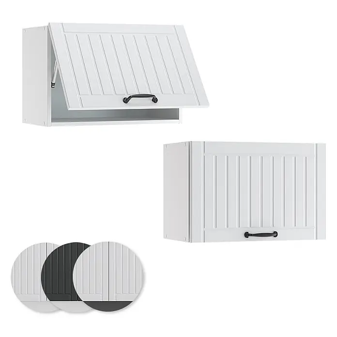 Vicco Schrankküche Fame-Line Weiß Landhaus Flach - Weiß Landhaus, Hängeschrank 60 cm (flach) - Weißer Wandschrank mit Lamellentür, offen und geschlossen gezeigt, mit Farbproben inklusive Dunkelgrau.