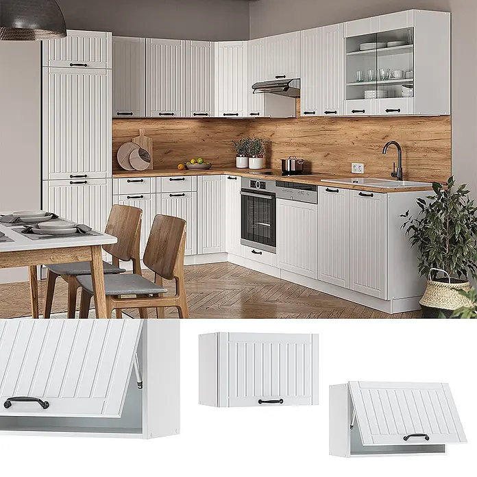 Vicco Schrankküche Fame-Line Weiß Landhaus Flach - Weiß Landhaus, Hängeschrank 60 cm (flach) - Weiße geriffelte Küchenschränke mit schwarzen Griffen, inkl. Oberschrank mit Klapptür.