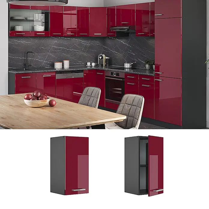 Vicco Schrankküche R-Line Rot Hochglanz - Rot Hochglanz, Hängeschrank 30 cm - Elegante moderne Küche mit glänzend roten Unter- und Oberschränken, dunklen Details, integrierten Geräten und stilvollem L-Layout.