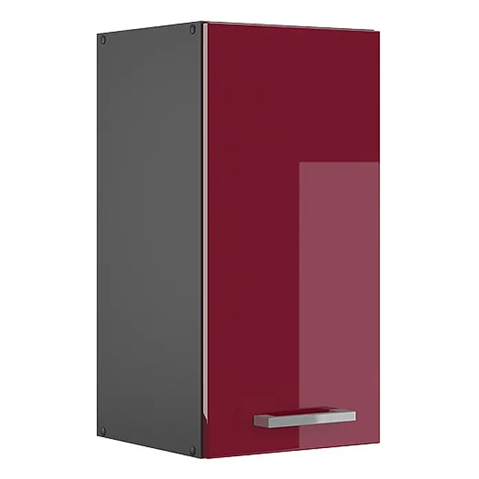 Vicco Schrankküche R-Line Rot Hochglanz - Rot Hochglanz, Hängeschrank 30 cm - Glänzend dunkelroter Wandschrank mit grauem Korpus und silbernem Griff.
