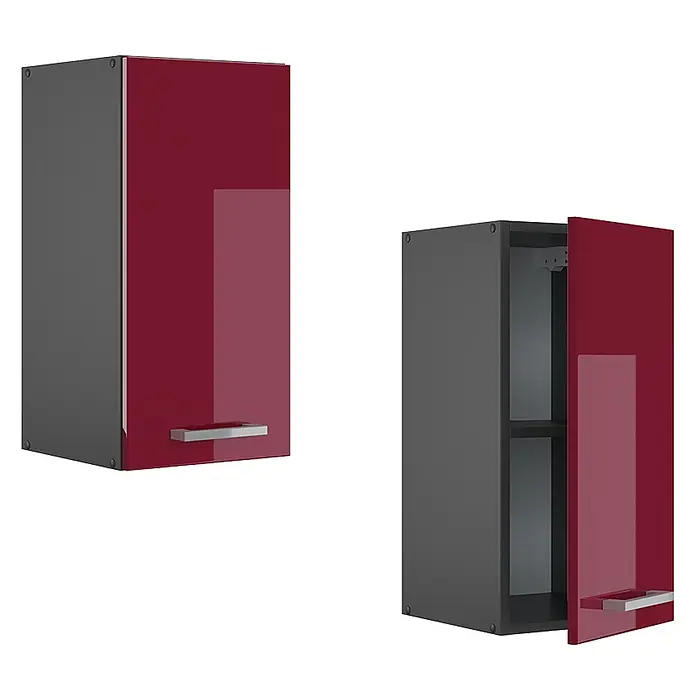 Vicco Schrankküche R-Line Rot Hochglanz - Rot Hochglanz, Hängeschrank 30 cm - Zwei dunkelgraue Hängeschränke mit glänzenden weinroten Türen und silbernen Griffen. Einer ist geschlossen, der andere offen mit einem Regal.