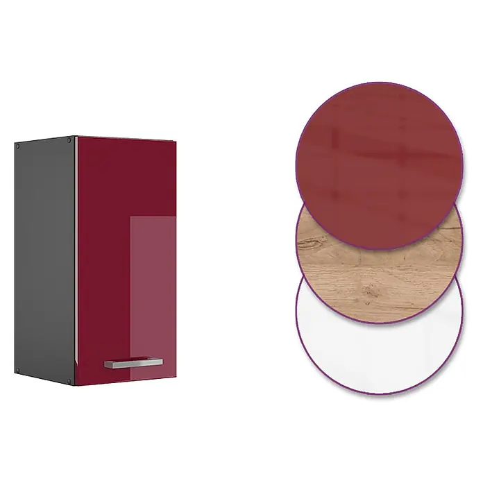 Vicco Schrankküche R-Line Rot Hochglanz - Rot Hochglanz, Hängeschrank 30 cm - Glänzender bordeauxroter Küchenoberschrank mit dunkelgrauem Korpus, gezeigt mit Holz- und weißen Materialmustern.