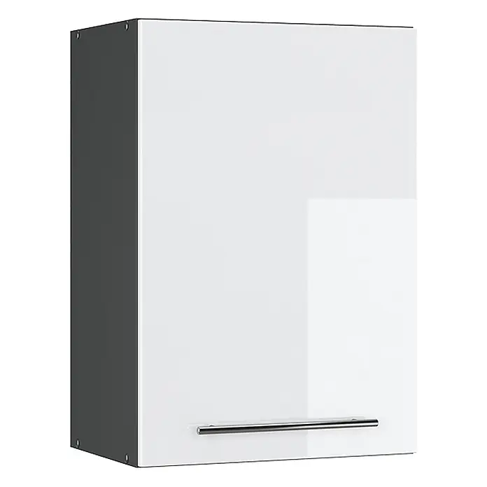 Vicco Schrankküche Fame-Line Weiß Hochglanz - Weiß Hochglanz, Hängeschrank 50 cm - Weißer Wandschrank mit glänzender Tür, grauer Seitenwand und metallischem Stangengriff.