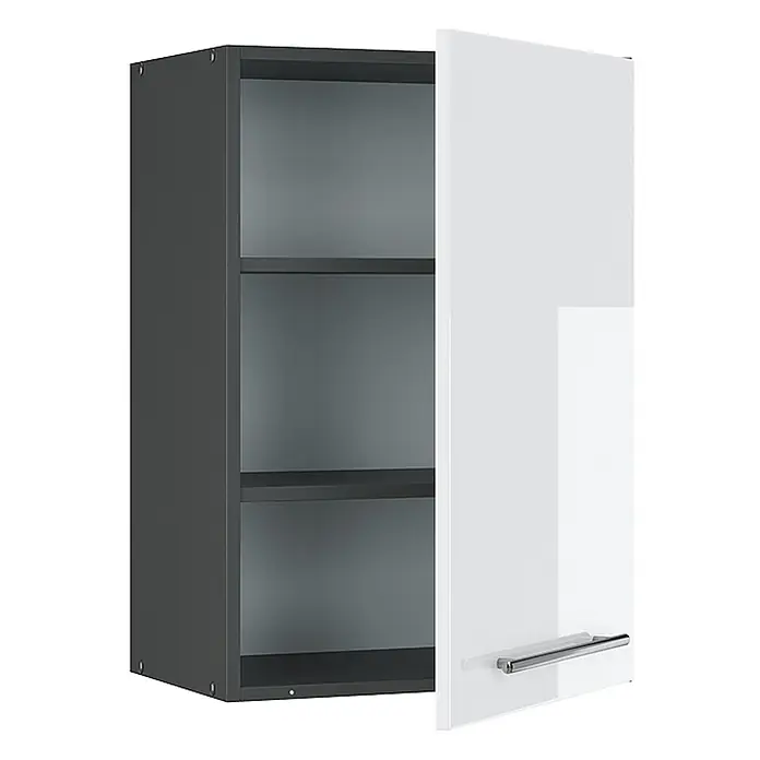 Vicco Schrankküche Fame-Line Weiß Hochglanz - Weiß Hochglanz, Hängeschrank 50 cm - Dunkelgrauer Wandschrank mit offener weißer Hochglanztür und silbernem Griff, der Innenfächer zeigt.
