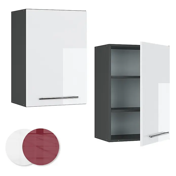 Vicco Schrankküche Fame-Line Weiß Hochglanz - Weiß Hochglanz, Hängeschrank 50 cm - Glänzende weiß-dunkelgraue Wandschränke mit silbernen Griffen. Einer offen, zeigt Regale. Farboptionen: weiß, rot.