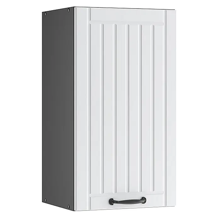 Vicco Schrankküche Fame-Line Weiß Landhaus - Weiß Landhaus, Hängeschrank 40 cm - Weißer Wandschrank mit geriffelter Tür, schwarzem Griff und dunkelgrauen Seiten.