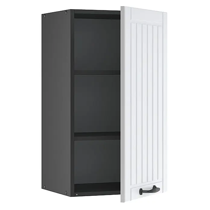 Vicco Schrankküche Fame-Line Weiß Landhaus - Weiß Landhaus, Hängeschrank 40 cm - Dunkelgrauer Wandschrank mit offener weißer Rillen-Tür und schwarzem Griff, mit zwei Einlegeböden.