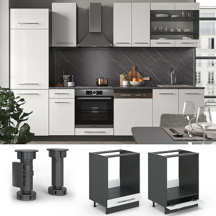 Vicco Schrankküche Fame-Line Weiß Hochglanz ohne Arbeitsplatte - Weiß Hochglanz, Herdumbauschrank 60 cm - Moderne Küche mit weißen Hochglanzschränken, dunkler Arbeitsplatte und Ansichten von Unterschrankrahmen und Sockelfüßen.