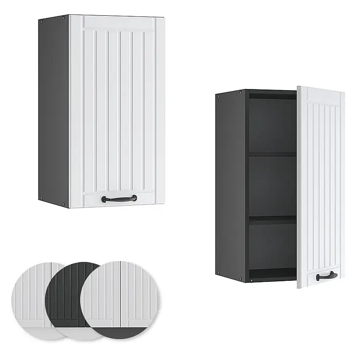 Vicco Schrankküche Fame-Line Weiß Landhaus - Weiß Landhaus, Hängeschrank 40 cm - Wandschrank mit weißer Rillentür und dunkelgrauem Korpus, geschlossen und offen mit Regalen dargestellt. Farboptionen enthalten.