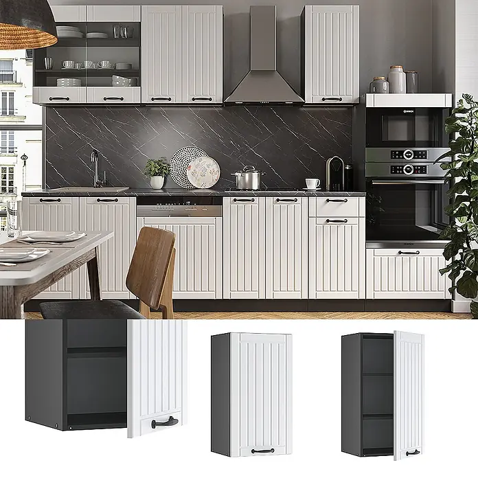 Vicco Schrankküche Fame-Line Weiß Landhaus - Weiß Landhaus, Hängeschrank 40 cm - Weiße Küchenschränke mit vertikal gerillten Fronten und schwarzen Griffen. Ein offenes Modul zeigt das dunkelgraue Innere.
