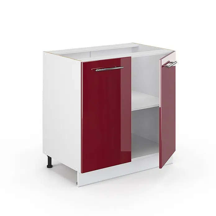 Vicco Schrankküche Fame-Line Bordeaux Hochglanz mit Regal, AP Anthrazit - Bordeaux Hochglanz, Unterschrank 80 cm - Weißer Küchenunterschrank mit zwei glänzenden roten Türen, einer offenen Tür mit Regal und silbernen Griffen.
