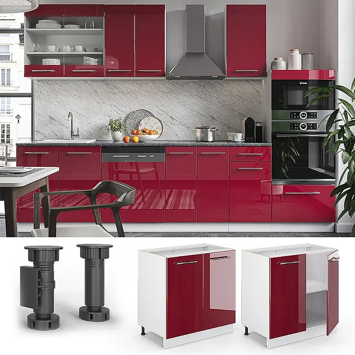 Vicco Schrankküche Fame-Line Bordeaux Hochglanz mit Regal, AP Anthrazit - Bordeaux Hochglanz, Unterschrank 80 cm - Modulare Küchenschränke mit hochglanzroten Türen, in einer modernen Küche mit integrierten Geräten.