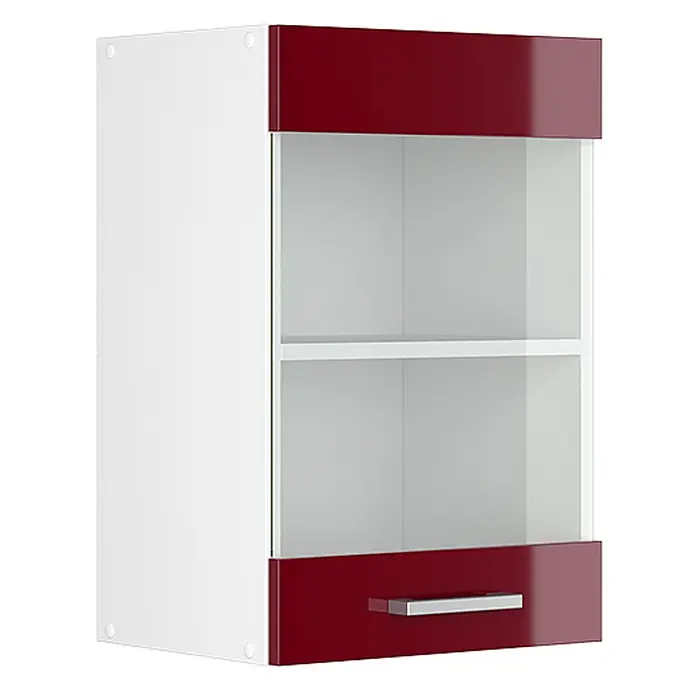 Vicco Schrankküche R-Line Rot Hochglanz - Rot Hochglanz, Hängeglasschrank 40 cm - Weißer Hängeschrank mit glänzend dunkelroten Ober- und Unterteilen, Glasfront mit Einlegeboden und silbernem Griff.