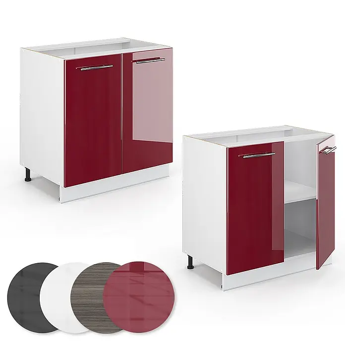 Vicco Schrankküche Fame-Line Bordeaux Hochglanz mit Regal, AP Anthrazit - Bordeaux Hochglanz, Unterschrank 80 cm - Weißer Küchenunterschrank mit glänzenden roten Türen, inklusive Farbmuster.