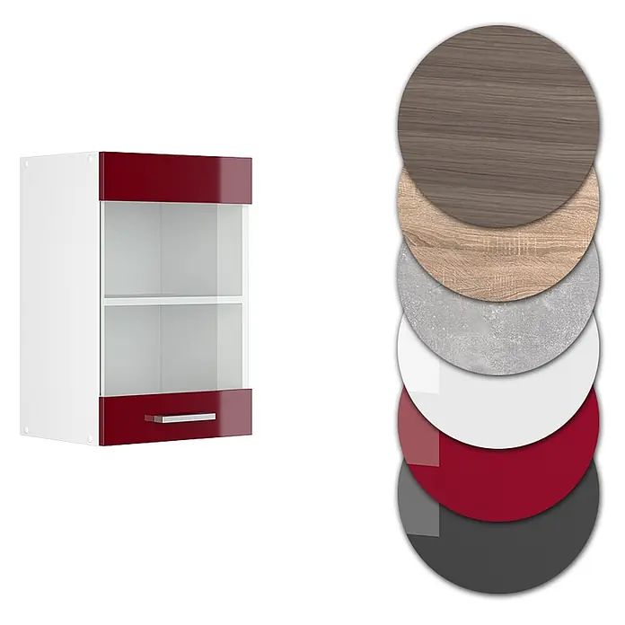 Vicco Schrankküche R-Line Rot Hochglanz - Rot Hochglanz, Hängeglasschrank 40 cm - Weißer Küchenhängeschrank mit roten Glanzakzenten, Glastür und Materialmuster-Optionen.