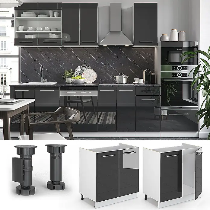 Vicco Schrankküche Fame-Line Anthrazit Hochglanz ohne Arbeitsplatte - Anthrazit Hochglanz, Spülenunterschrank 80 cm - Moderne, dunkelgraue Hochglanz-Küchenschränke mit integrierten Geräten und schwarzer Marmor-Arbeitsplatte und -Rückwand in einer Küche.