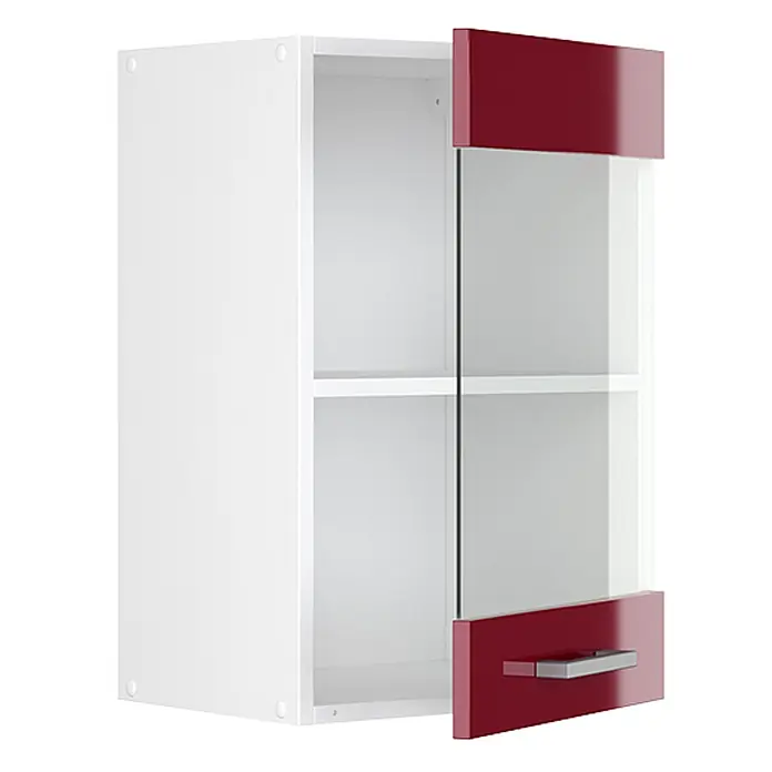 Vicco Schrankküche R-Line Rot Hochglanz - Rot Hochglanz, Hängeglasschrank 40 cm - Weißer Wandschrank mit teiloffener roter und gläserner Tür, ausgestattet mit silbernem Griff und zwei Innenregalen.