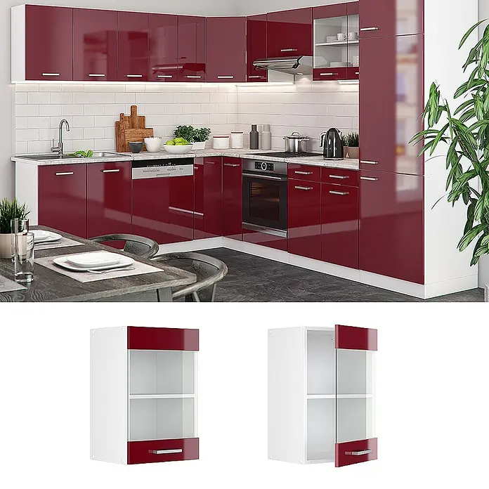 Vicco Schrankküche R-Line Rot Hochglanz - Rot Hochglanz, Hängeglasschrank 40 cm - Moderne L-förmige Küche mit hochglänzenden roten Schränken und weißen Arbeitsplatten in einem zeitgenössischen Ambiente.