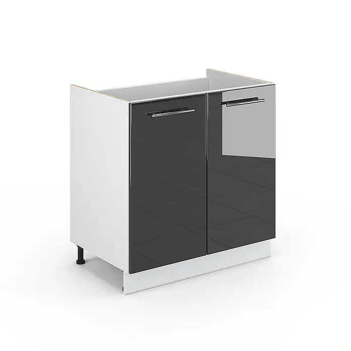 Vicco Schrankküche Fame-Line Anthrazit Hochglanz ohne Arbeitsplatte - Anthrazit Hochglanz, Spülenunterschrank 80 cm - Weißer Küchenunterschrank mit zwei hochglänzenden dunkelgrauen Türen und Chrombügelgriffen.