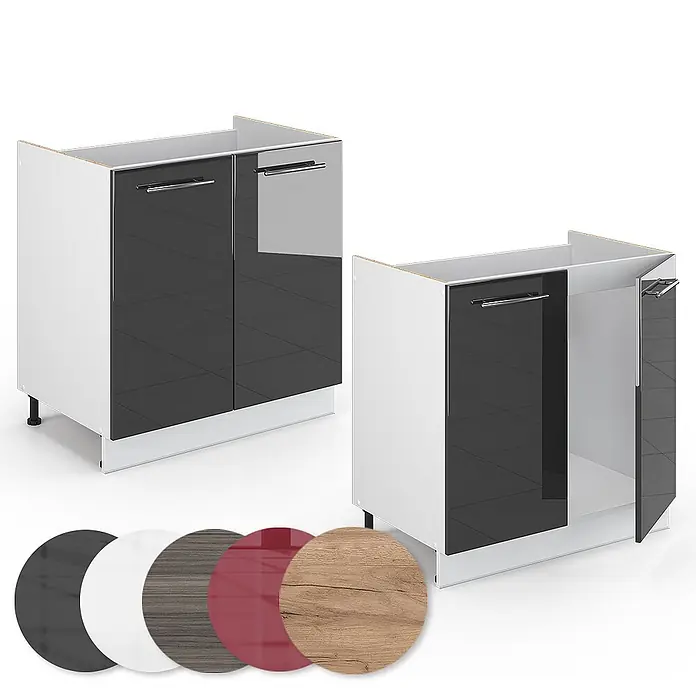 Vicco Schrankküche Fame-Line Anthrazit Hochglanz ohne Arbeitsplatte - Anthrazit Hochglanz, Spülenunterschrank 80 cm - Weiße Küchenunterschränke mit glänzend dunkelgrauen Türen, anpassbar mit verschiedenen Farbmustern.