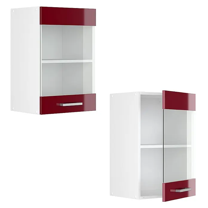 Vicco Schrankküche R-Line Rot Hochglanz - Rot Hochglanz, Hängeglasschrank 40 cm - Weißer Küchenhängeschrank mit roten Hochglanz-Blenden und Glastür. Eine geschlossen, eine mit offener Tür.