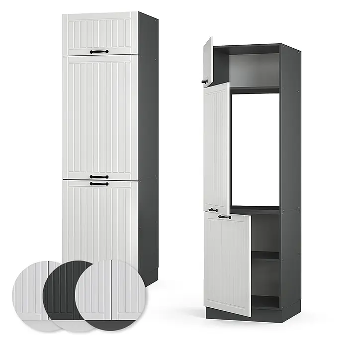Vicco Schrankküche Fame-Line Weiß Landhaus - Weiß Landhaus, Kühlumbauschrank 60 cm - Hoher weißer Schrank mit geriffelten Türen, anthrazitfarbenem Korpus, geöffnet und geschlossen. Schwarze Griffe, Farboptionen.