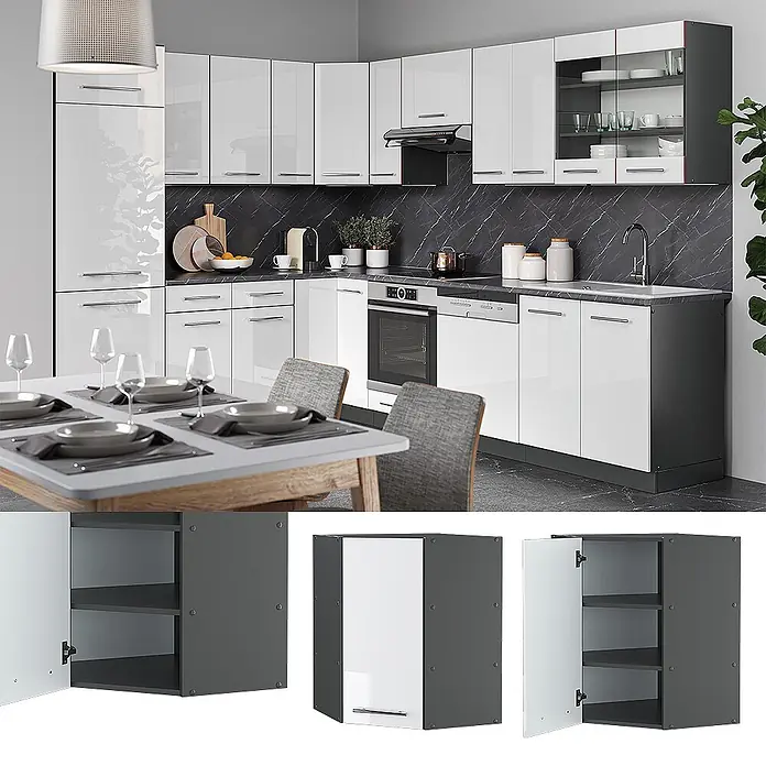 Vicco Schrankküche Fame-Line Weiß Hochglanz - Weiß Hochglanz, Eckhängeschrank 57 cm - Moderne modulare Küchenschränke in Weißglanz und Dunkelgrau mit integrierten Geräten.