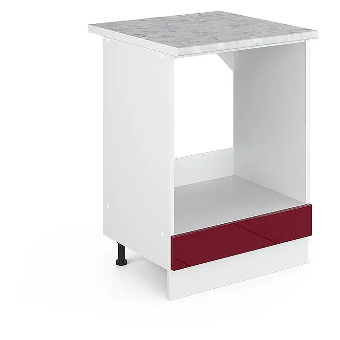 Vicco Schrankküche R-Line Rot Hochglanz, AP Marmor - Rot Hochglanz, Herdumbauschrank 60 cm, AP Marmor - Weißer Küchenunterschrank mit grauer Marmor-Arbeitsplatte, offenem Fach und roter Blende.