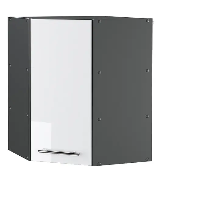Vicco Schrankküche Fame-Line Weiß Hochglanz - Weiß Hochglanz, Eckhängeschrank 57 cm - Weißer Hochglanz-Eckhängeschrank mit dunkelgrauen Seiten und Chromgriff.