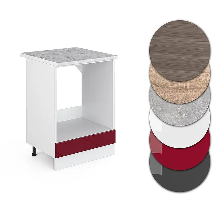 Vicco Schrankküche R-Line Rot Hochglanz, AP Marmor - Rot Hochglanz, Herdumbauschrank 60 cm, AP Marmor - Weißer Küchenunterschrank mit grauer Marmor-Arbeitsplatte, roter Schubladenfront und Material-/Farbmustern.